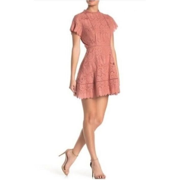 Blu Pepper Dress Womens Large Blush Pink Lace Mock Neck Mini Fringe Flirty - Picture 1 of 8